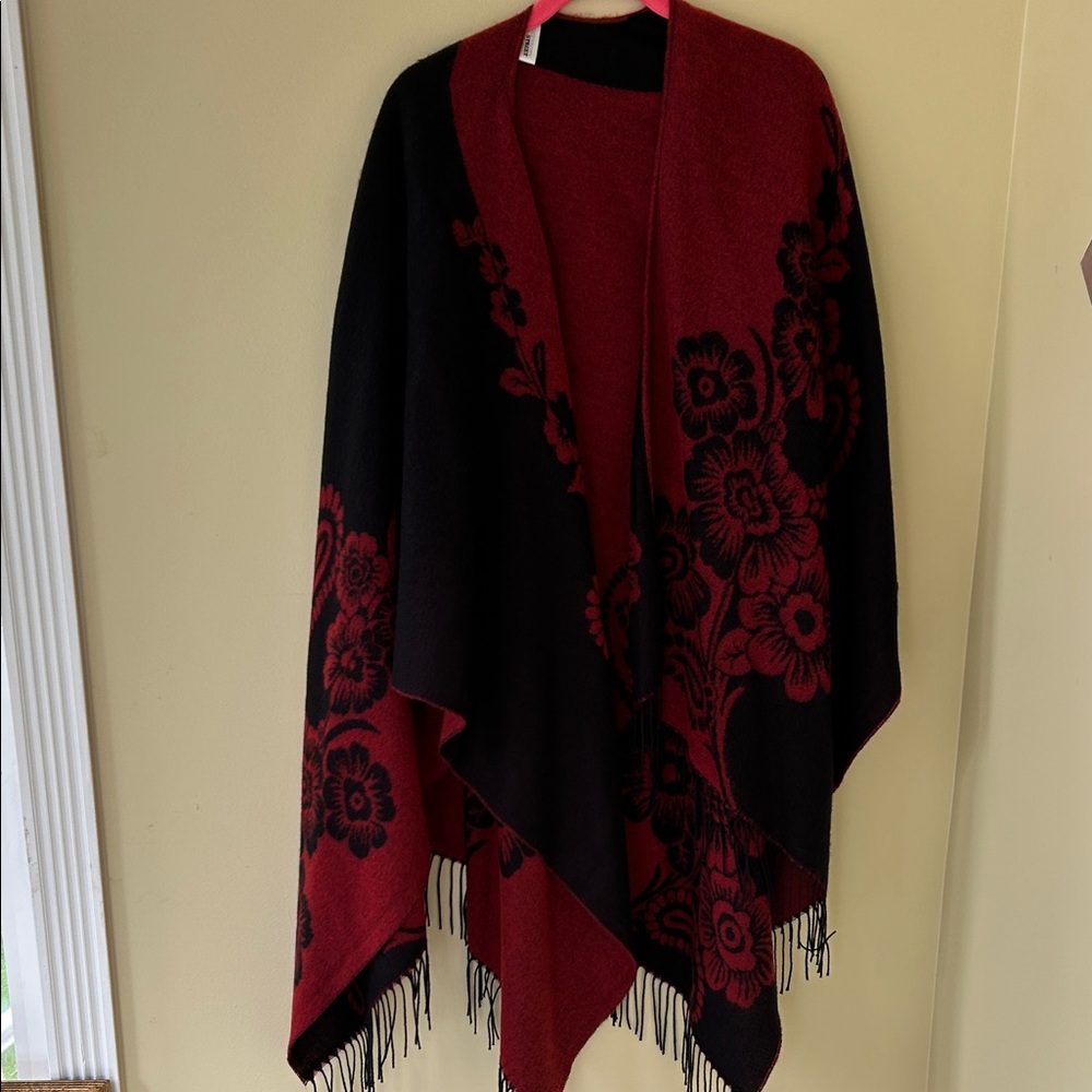 Red and Black Floral Poncho with Fringe